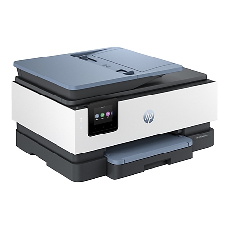 HP OfficeJet Pro Drucker, weiß-grau mit Touchscreen und Logo.