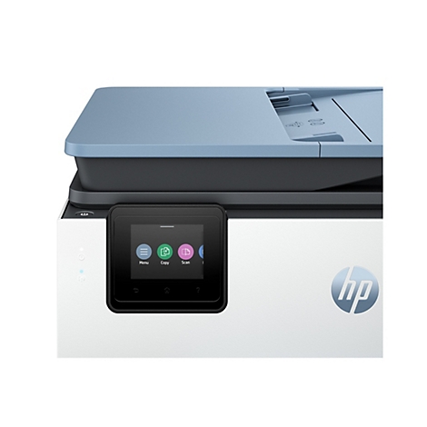 Nahaufnahme eines HP-Druckers. Auf dem Touchscreen-Display werden Optionen wie Menü, Kopieren und Scannen angezeigt. Das HP-Logo ist sichtbar.