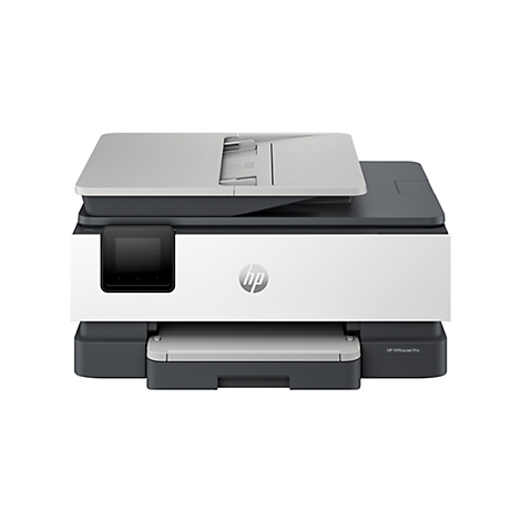 Ein HP OfficeJet Pro-Multifunktionsdrucker. Das Gerät hat eine graue Oberseite und eine weiße Front. Auf der Frontseite befindet sich ein schwarzes Display und das HP-Logo.