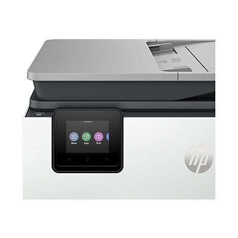 Ein weiß-grauer Drucker. Auf dem Display stehen die Optionen Menü, Kopieren, Scannen. Das HP Logo ist rechts unten.