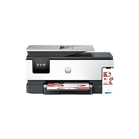 Ein HP OfficeJet Pro Drucker, der ein Blatt bedruckt. Ein Smartphone zeigt eine Druckvorschau.