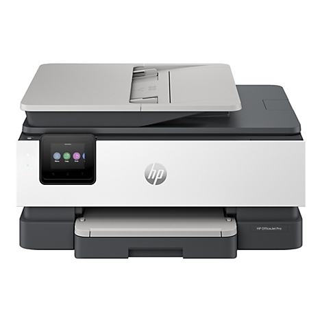Ein HP OfficeJet Pro Drucker in Weiß und Grau, mit einem Touchscreen-Menü und dem HP-Logo.