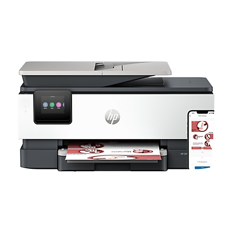 Ein weiß-schwarzer HP OfficeJet Pro Drucker, zeigt ein Vorschaubild auf einem Smartphone, das ein Dokument mit Diagrammen anzeigt, das aus dem Drucker kommt.