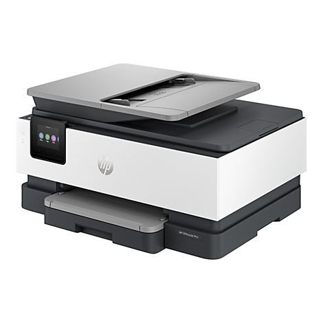 Ein weiß-grauer HP OfficeJet Pro Drucker. Der Deckel ist geöffnet, auf dem Display werden Optionen angezeigt. Darunter befindet sich ein Papierschacht.