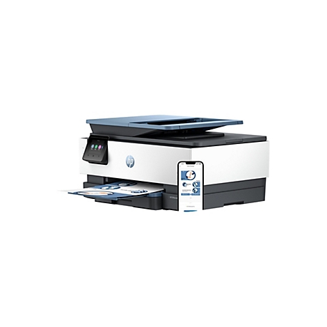 Ein HP OfficeJet Pro Drucker, weiß-grau-blau, mit Smartphone und Ausdruck.