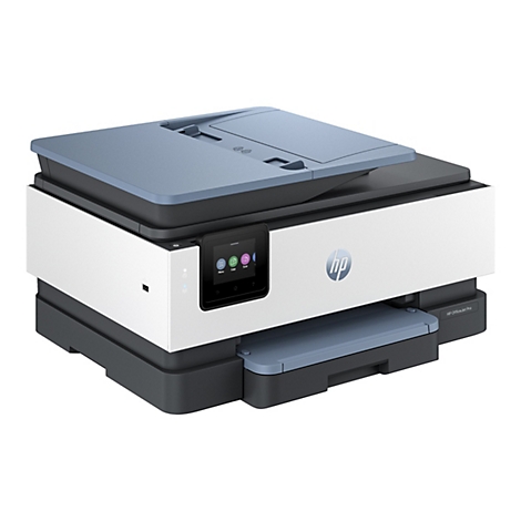Une imprimante HP OfficeJet Pro. Boîtier blanc, couvercle bleu-gris. Petit écran avec options. Logo HP.