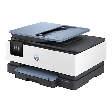 Imprimante, blanc et gris, élément bleu. Écran tactile avec menu, copier, numériser. Logo HP. Inscription HP OfficeJet Pro.
