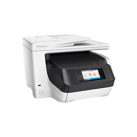 Ein weißer HP OfficeJet Pro 8730 Drucker. Auf dem Touchscreen sind Symbole für Kopieren, Scannen und Drucken zu sehen.