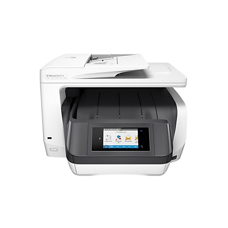 Ein weißer HP OfficeJet Pro 8730 Drucker vor weißem Hintergrund. Auf dem Display werden verschiedene Funktionen angezeigt.