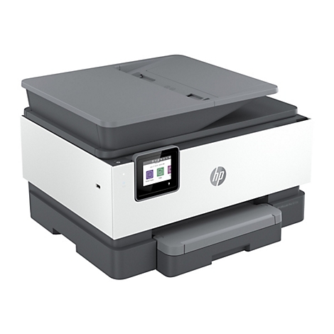 Ein weiÃŸ-grauer HP-Multifunktionsdrucker mit Touchscreen-Display, der sich auf weiÃŸem Hintergrund befindet.