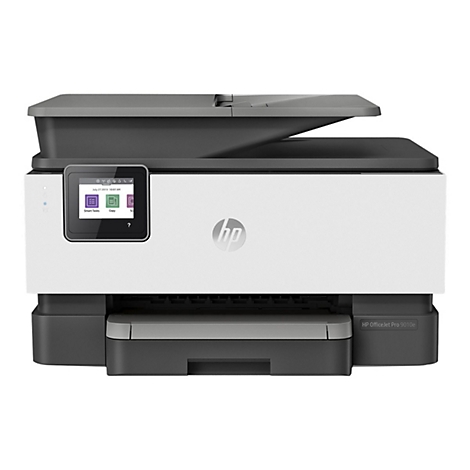 WeiÃŸ-grauer HP-Drucker mit Touchscreen und HP-Logo. Schwarz-weiÃŸe Farbgebung. Schublade fÃ¼r Papier.