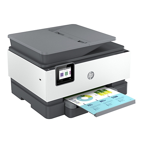 Ein weiÃŸ-grauer HP Drucker mit einem Bildschirm und Papierausgabe, das ein Diagramm zeigt.