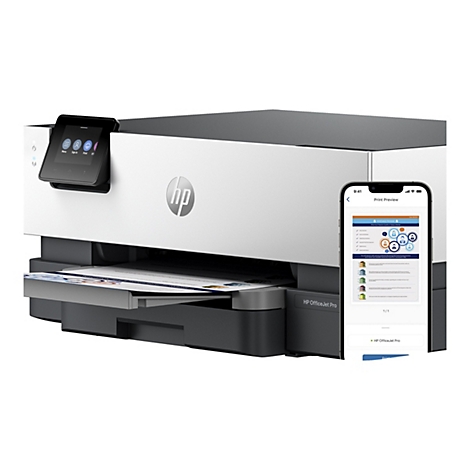 Ein Drucker mit Touchscreen zeigt eine Druckvorschau auf einem Smartphone. Das HP-Logo ist auf dem Drucker zu sehen.