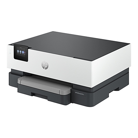 Ein weiß-grauer HP OfficeJet Pro Drucker, der auf einem neutralen Hintergrund steht. Das Bedienfeld zeigt Symbole für Menü, Anmelden, Drucken und US-Informationen an.