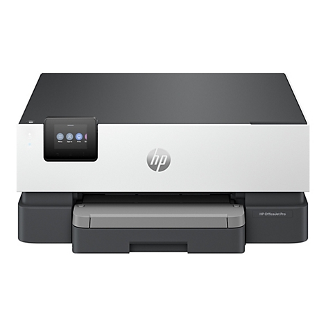 Ein weiß-grauer HP OfficeJet Pro Drucker mit Touchscreen-Bedienfeld. Auf dem Bedienfeld sind Icons für Menü, Anmeldung, Drucken und USA zu sehen.