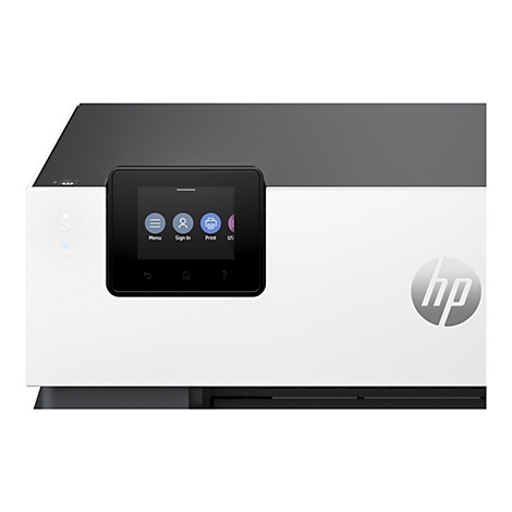 Ein weiß-grauer HP-Drucker mit Touchscreen. Auf dem Bildschirm sind Menü, Anmelden und Drucken dargestellt.