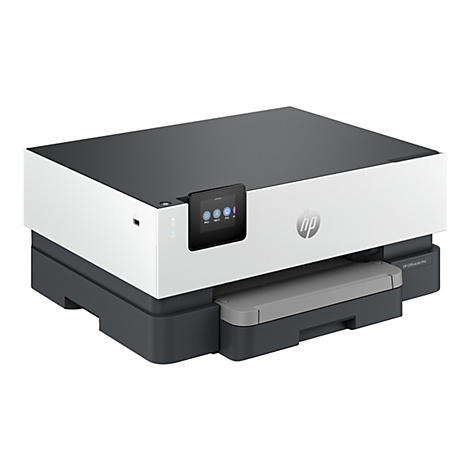 Ein HP OfficeJet Pro Drucker. Das Gerät hat eine weiße und graue Farbgebung mit einem schwarzen Bedienfeld.