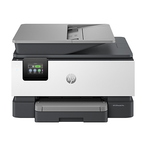 Ein weißer HP OfficeJet Pro Drucker, mit einem schwarzen Bedienfeld und Touchscreen. Auf dem Drucker ist das HP-Logo abgebildet. 