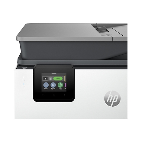 Ein weißer HP Drucker mit grauem Oberteil, einem schwarzen Touchscreen und dem HP Logo.