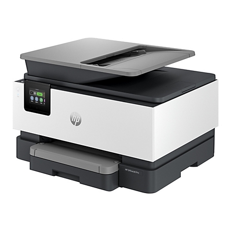 Ein weißer und grauer HP OfficeJet Pro Drucker, der auf einer weißen Oberfläche steht. Der Deckel ist geöffnet und das Bedienfeld zeigt Optionen an.