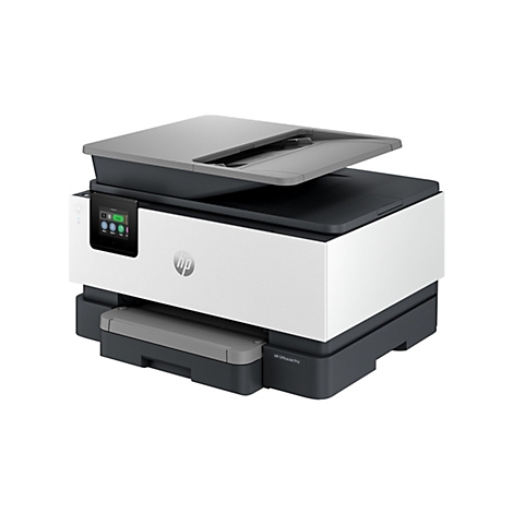 Une imprimante HP OfficeJet Pro blanche et grise avec le couvercle du scanner ouvert. Diverses options sont visibles sur l'écran tactile.