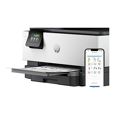 Une imprimante HP OfficeJet Pro avec un smartphone affichant un aperçu d'impression. L'imprimante imprime des graphiques et des infographies sur papier.