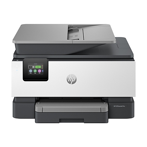 Imprimante multifonction HP OfficeJet Pro, blanche et gris foncé, écran tactile, logo HP. Imprimé : "Copier" et "Numériser".
