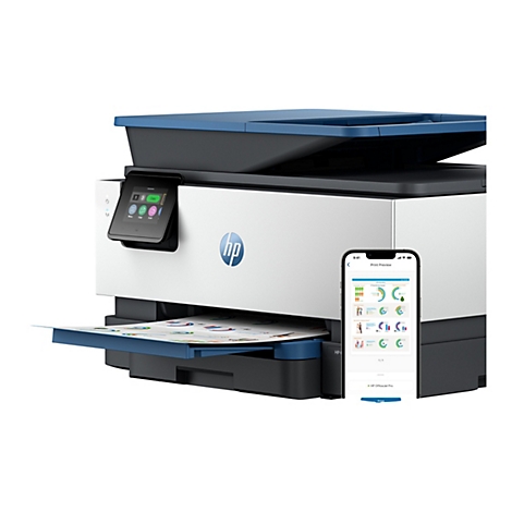 Une imprimante multifonction HP OfficeJet Pro avec un smartphone affichant un aperçu avant impression.