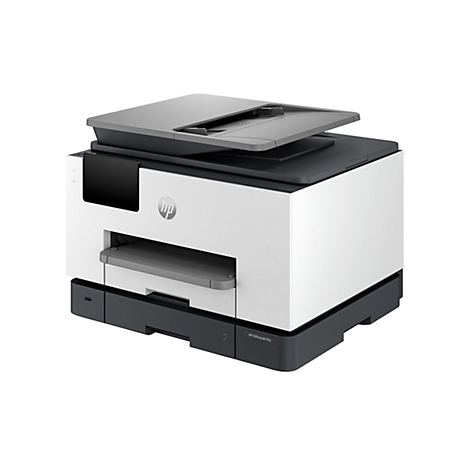 Ein weiß-grauer HP OfficeJet Pro Drucker, mit geöffnetem Scannerdeckel. Auf der Vorderseite das HP-Logo.
