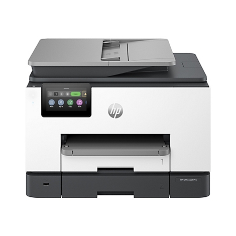 Ein weiß-grauer HP OfficeJet Pro Drucker. Auf dem Bedienfeld befinden sich Knöpfe für Menü, Anmelden, Kopieren und Scannen.