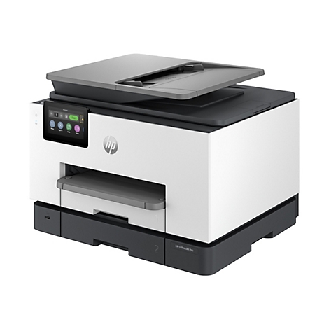 Ein weiß-grauer HP OfficeJet Pro Drucker, der leicht von oben fotografiert wurde. Das Bedienfeld zeigt verschiedene Optionen.