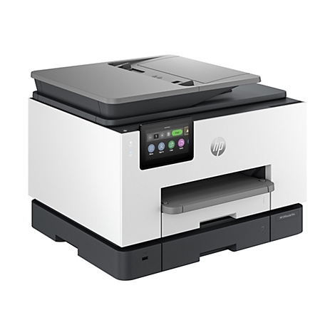 Ein weiß-grauer HP OfficeJet Pro Drucker mit Touchscreen-Bedienfeld. Der Drucker hat ein offenes Papierfach und das HP-Logo.