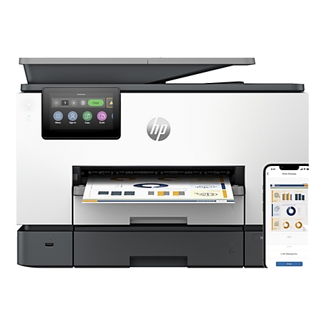Ein weiß-grauer HP Drucker mit Touchscreen, auf dem Optionen wie „Menü“, „Kopieren“ und „Scannen“ angezeigt werden. Im Drucker liegt ein Blatt Papier mit Diagrammen.