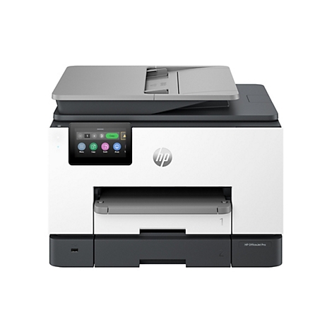 Ein weiß-grauer HP OfficeJet Pro Drucker, Ansicht von vorne. Auf dem Touchscreen sind Optionen wie Menü, Kopieren, Scannen und Drucken zu sehen.
