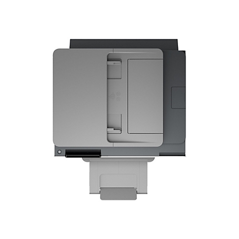 Draufsicht auf einen grauen Drucker mit schwarzem Element, weißer Hintergrund.