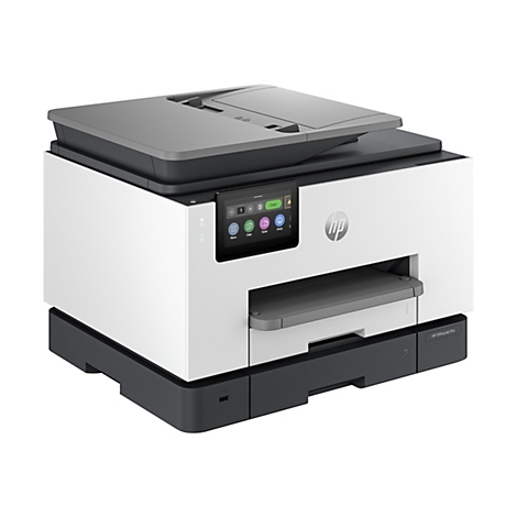 Ein weiß-grauer HP OfficeJet Pro Drucker mit Bedienfeld und Logo.