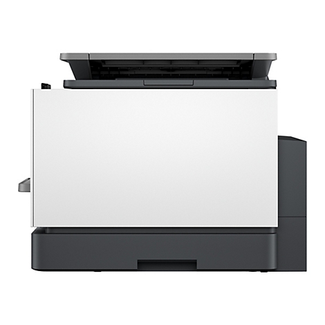 Ein Drucker mit weißer Front, der Rest ist in Grau- und Schwarztönen gehalten. Der Drucker steht vor weißem Hintergrund.