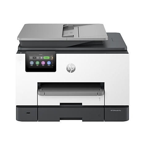 Ein weiß-grauer HP OfficeJet Pro Drucker mit Touchscreen-Bedienfeld. Der Drucker ist auf weißem Hintergrund zentriert.