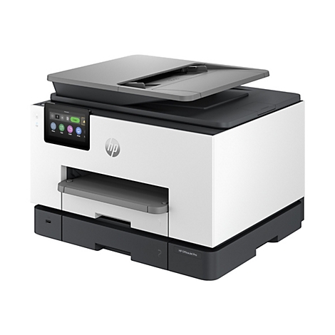 Ein weiß-schwarzer Drucker mit Touchscreen und HP Logo. Auf dem Bedienfeld sind Tasten für Kopieren, Scannen und Drucken abgebildet.
