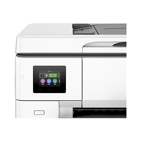 Weißer Drucker mit Touchscreen. Auf dem Bildschirm sind Funktionen wie Scannen, Drucken und Kopieren sichtbar.