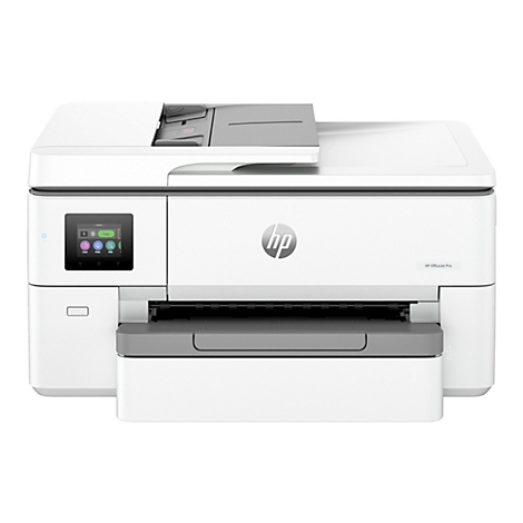 Ein weißer HP OfficeJet Pro Drucker vor weißem Hintergrund. Auf dem Gerät ist ein Touchscreen mit Funktionen wie Scannen, Drucken und Kopieren zu sehen.