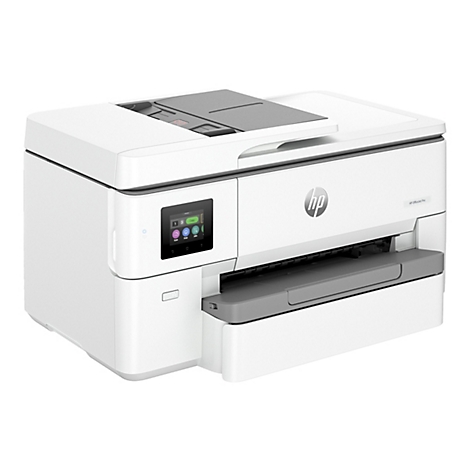 Weißer HP OfficeJet Pro Drucker, leicht von oben fotografiert. Bedienfeld mit Copy, Scan, Print, Jobs Funktionen.