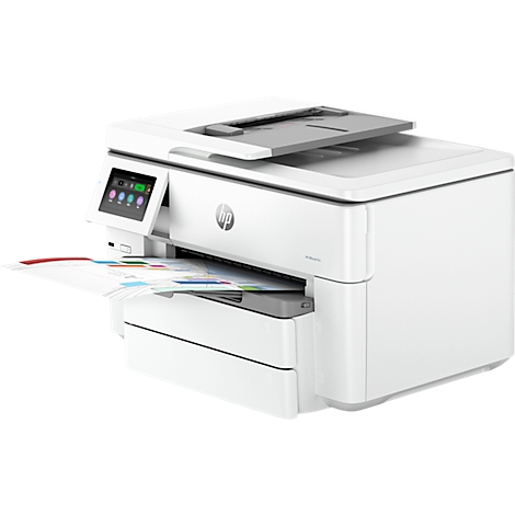 Imprimante multifonction HP blanche imprimant une feuille. Écran couleur à gauche, sortie papier en bas.