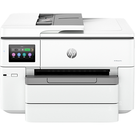 Imprimante HP blanche avec écran tactile, logo HP et bac à papier.