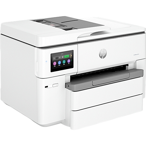 Imprimante multifonction HP blanche avec écran couleur et logo HP. Garniture grise. L'écran affiche des icônes colorées.