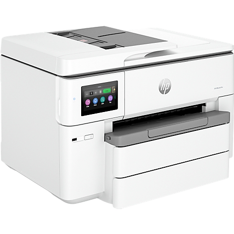 Imprimante multifonction HP blanche avec écran tactile. Détails gris et le logo HP visibles.