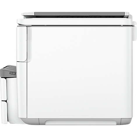 Vue latérale d'une combinaison d'imprimante multifonction moderne blanche pour le bureau.