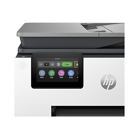 Gros plan sur une imprimante HP, avec le panneau de commande. Le panneau affiche des options telles que copier, numériser et imprimer. Le logo HP est visible sur la droite.