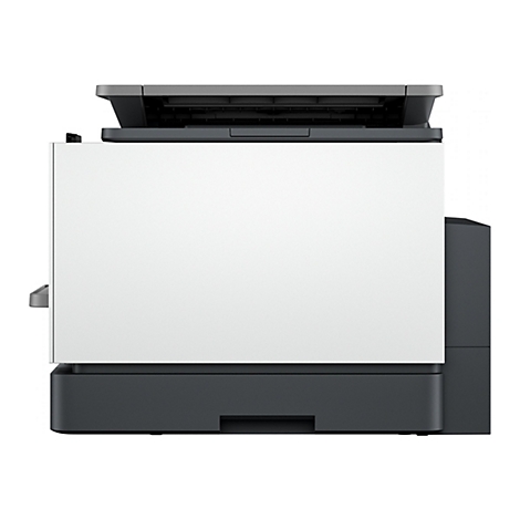 Une imprimante multifonction sur fond blanc. L'imprimante a une façade blanche et des éléments gris et noirs.