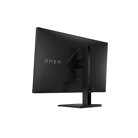 Rückansicht eines schwarzen HP Omen Gaming-Monitors mit Standfuß vor weißem Hintergrund.